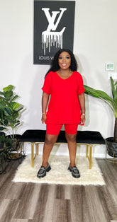 CUTTIE 2PC V-NECK LOUNGE SHORTS SET (Red)